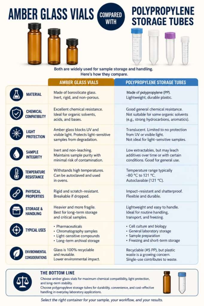 How Is Peptide Purity Maintained During Storage? The Complete Research Guide to Preserving Stability and Quality 5 Comparison of amber glass peptide storage vials and polypropylene laboratory tubes showing recommended research applications.