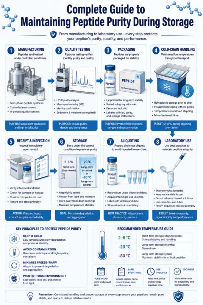 How Is Peptide Purity Maintained During Storage? The Complete Research Guide to Preserving Stability and Quality 8 Professional infographic illustrating the complete peptide storage workflow from manufacturing and quality testing through packaging, cold-chain handling, storage, aliquoting, and laboratory use.
