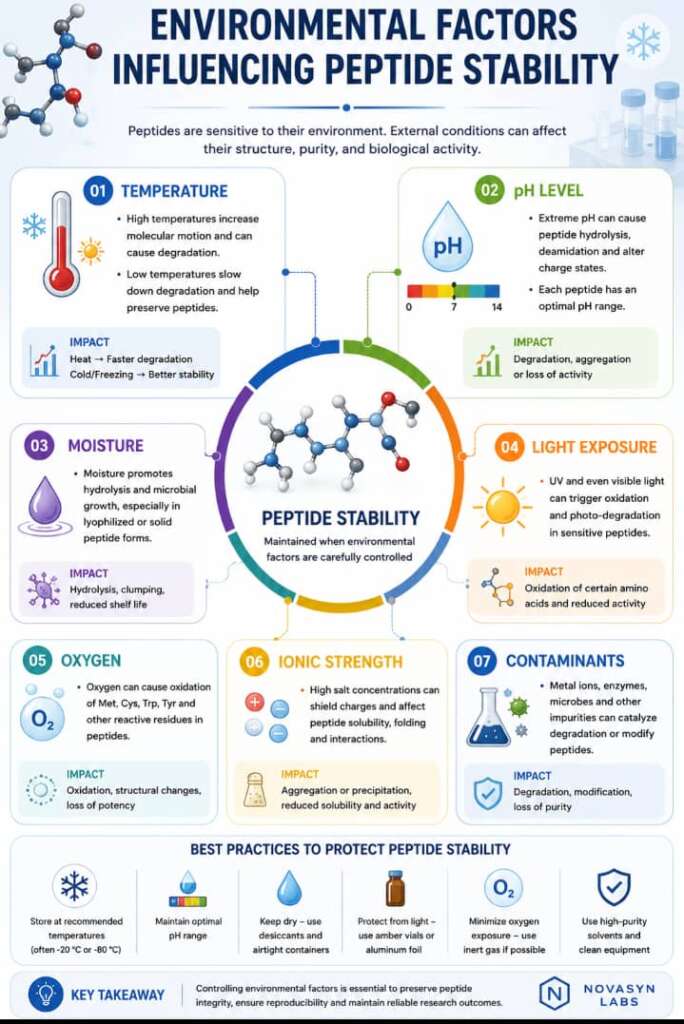 How Is Peptide Purity Maintained During Storage? The Complete Research Guide to Preserving Stability and Quality 3 Infographic showing temperature, moisture, oxygen, ultraviolet light, and freeze-thaw cycles affecting peptide purity.