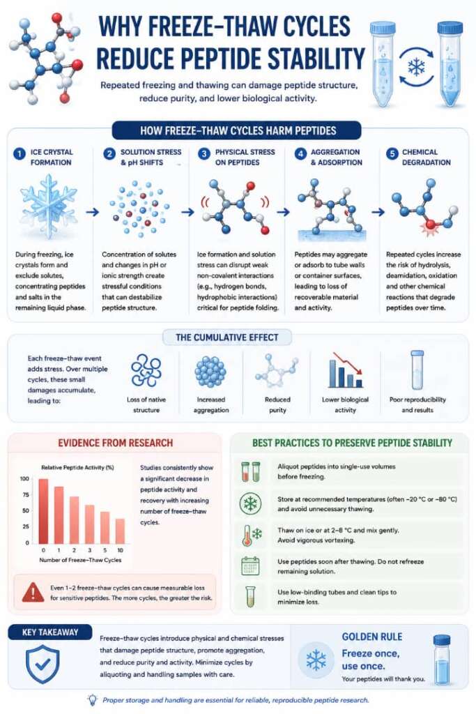 How Is Peptide Purity Maintained During Storage? The Complete Research Guide to Preserving Stability and Quality 4 Scientific infographic illustrating repeated freeze–thaw cycles leading to peptide aggregation, oxidation, and reduced stability.