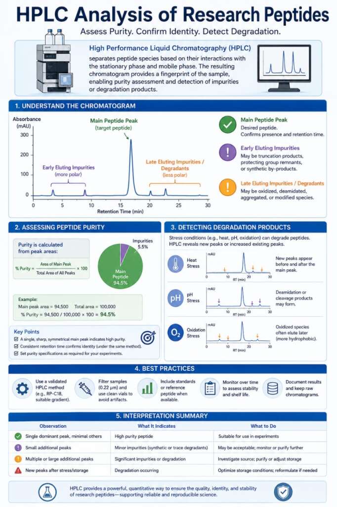 How Is Peptide Purity Maintained During Storage? The Complete Research Guide to Preserving Stability and Quality 6 Scientific illustration showing HPLC chromatogram used to assess peptide purity and detect degradation products.