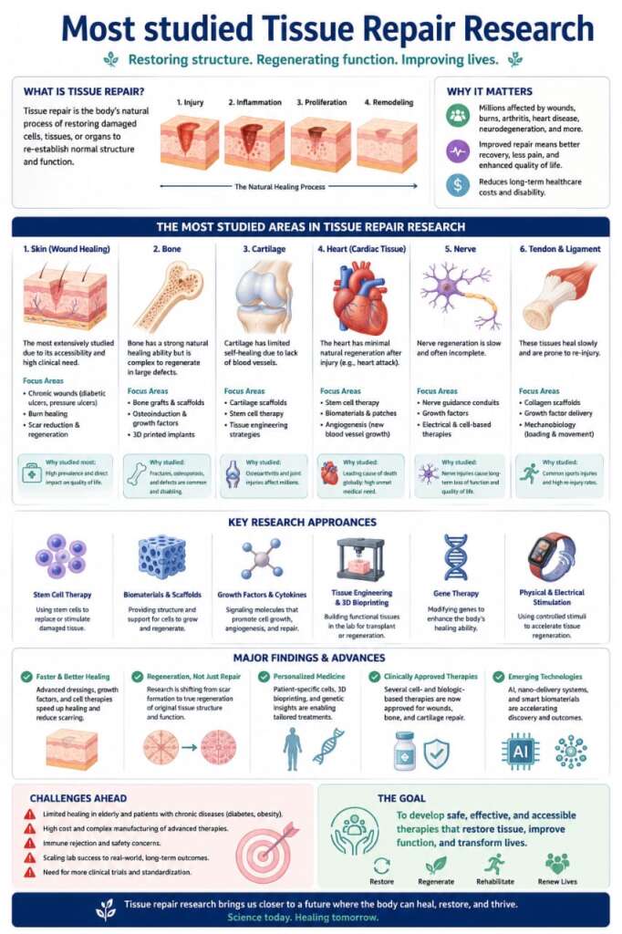Infographic titled “Most Studied Tissue Repair Research” illustrating the four stages of tissue repair (injury, inflammation, proliferation, and remodeling), the most researched tissues including skin, bone, cartilage, heart, nerves, and tendons, key regenerative medicine approaches such as stem cell therapy, biomaterials, tissue engineering, growth factors, gene therapy, and major advances in tissue regeneration research.