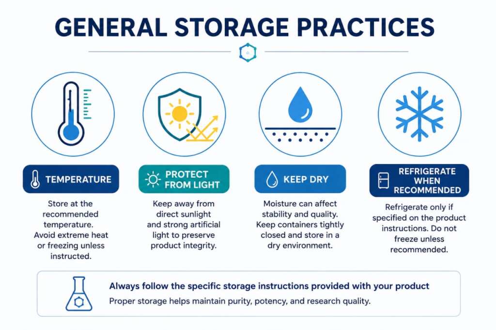 Peptide Storage and Handling: Avoid These Critical Peptide Handling Errors (2026) 4 General peptide storage practices infographic showing temperature control, protection from light, moisture prevention, and refrigeration recommendations for research compounds.