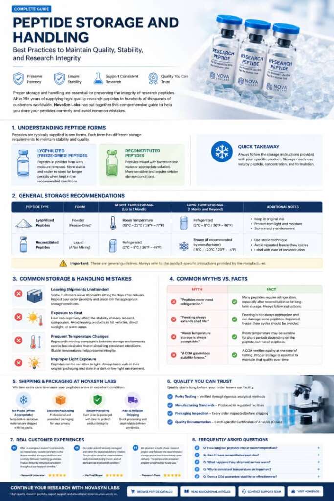 Peptide Storage and Handling: Avoid These Critical Peptide Handling Errors (2026) 1 Peptide storage and handling guide showing proper storage conditions for lyophilized and reconstituted research peptides.