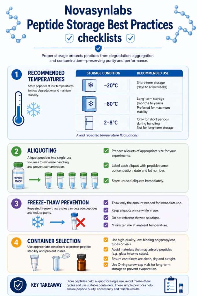 How Is Peptide Purity Maintained During Storage? The Complete Research Guide to Preserving Stability and Quality 7 Infographic summarizing best practices for maintaining peptide purity during storage, including recommended temperatures, aliquoting, freeze-thaw prevention, and container selection.