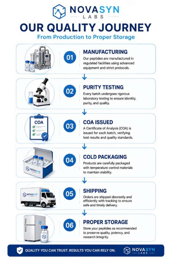 Peptide Storage and Handling: Avoid These Critical Peptide Handling Errors (2026) 2 NovaSyn Labs peptide quality journey infographic showing manufacturing, purity testing, COA issuance, cold packaging, shipping and proper storage of research peptides.