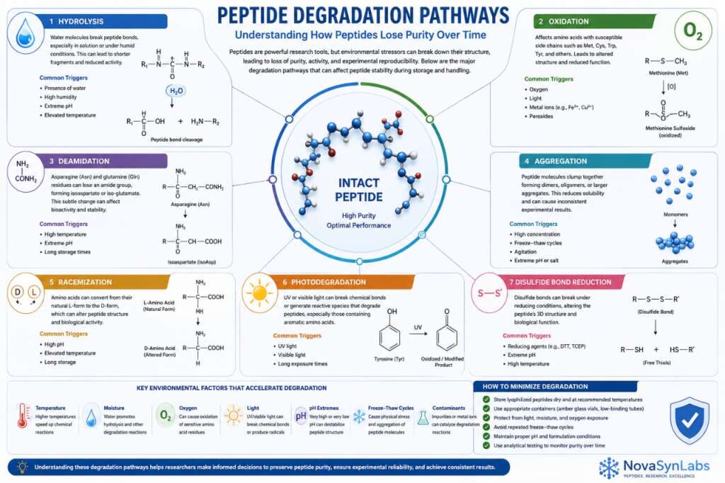 How Is Peptide Purity Maintained During Storage? The Complete Research Guide to Preserving Stability and Quality 2 Scientific infographic showing hydrolysis, oxidation, aggregation, deamidation, heat exposure, and moisture affecting peptide stability.