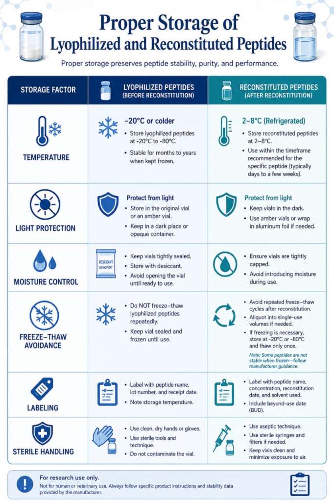Proper storage practices for lyophilized and reconstituted research peptides.
