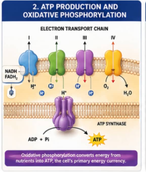 What Role Do Peptides Play in Mitochondrial Research? 4 Flowchart illustrating ATP production through oxidative phosphorylation and the electron transport chain.