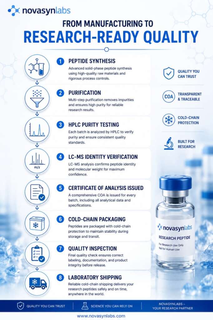 Complete Guide to BPC-157 Research (2026): Origins, Quality, Storage & Experimental Applications 4 Infographic showing the BPC-157 quality control workflow from peptide synthesis through HPLC testing, LC-MS verification, Certificate of Analysis, cold-chain packaging, and laboratory shipping.