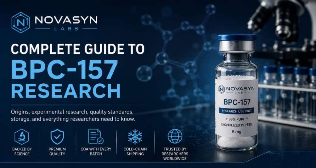 Complete Guide to BPC-157 Research (2026): Origins, Quality, Storage & Experimental Applications 2 Hero banner for the Complete Guide to BPC-157 Research featuring NovaSyn Labs branding, a laboratory-grade BPC-157 peptide vial, and a professional scientific laboratory background.