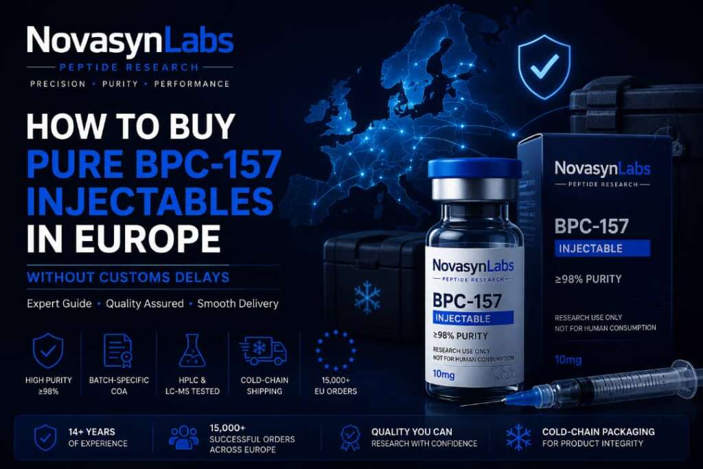 Buy pure BPC-157 injectables in Europe with NovasynLabs featuring laboratory-tested BPC-157, batch-specific COAs, HPLC and LC-MS verification, cold-chain shipping, and smooth European delivery.