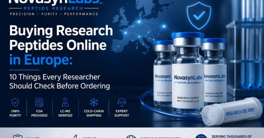 Buying research peptides online in Europe guide showing laboratory-grade peptide vials, Certificate of Analysis (COA), HPLC and LC-MS quality testing, and NovasynLabs quality assurance.