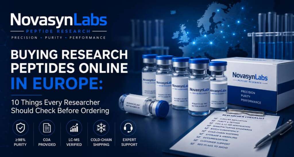 NovasynLabs hero banner illustrating research peptide quality assurance in Europe with peptide vials, laboratory equipment, COA verification, LC-MS testing, cold-chain shipping, and researcher procurement checklist.