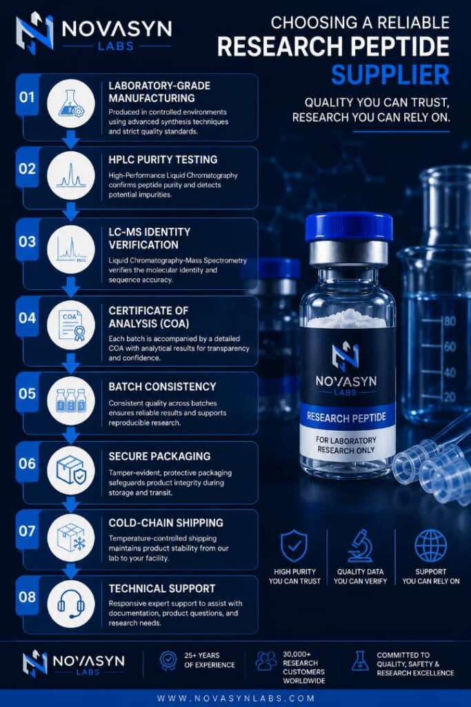 Choosing a reliable research peptide supplier infographic showing laboratory-grade manufacturing, HPLC purity testing, LC-MS identity verification, Certificate of Analysis (COA), batch consistency, secure packaging, cold-chain shipping, and technical support by NovaSyn Labs.