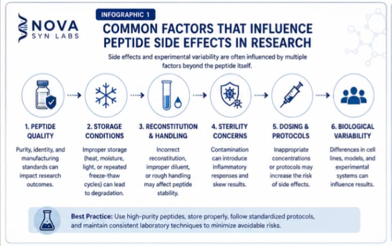 What Are The Side Effects of Using Peptides? 3 Infographic showing how peptide quality, storage, reconstitution, sterility, laboratory handling, and experimental design influence peptide research outcomes.