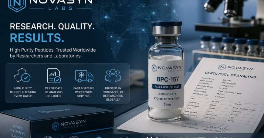 Complete Guide to BPC-157 Research featured image showing laboratory-grade BPC-157 peptide, NovaSyn Labs branding, and a modern research laboratory background.