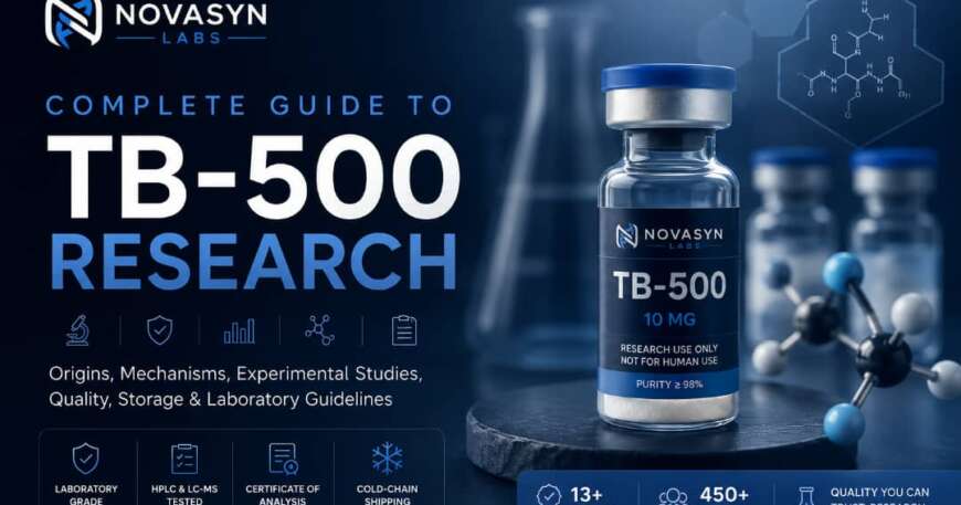 Complete Guide to TB-500 Research featured image showing laboratory-grade TB-500 peptide vial, NovaSyn Labs branding, and a professional biotechnology laboratory background.