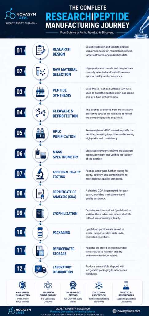 Complete research peptide manufacturing process from amino acid selection through synthesis, purification, analytical testing, lyophilization, packaging, and laboratory distribution.
