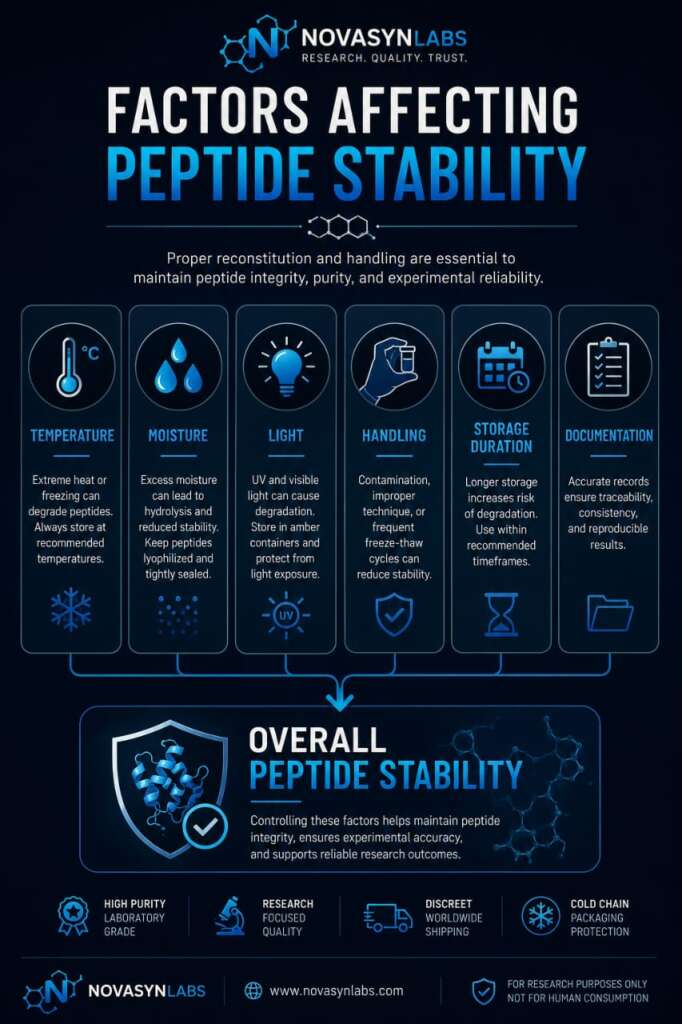 Infographic showing the key factors that influence peptide stability, including temperature, moisture, light, handling, storage duration, and documentation.