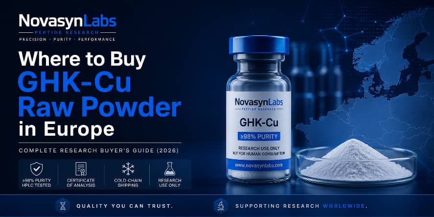 Where to Buy GHK-Cu Raw Powder in Europe (2026): Complete Research Buyer's Guide 2 NovasynLabs hero banner showing where to buy GHK-Cu raw powder in Europe with research-grade quality, ≥98% purity, COA, HPLC testing, and laboratory cold-chain shipping.