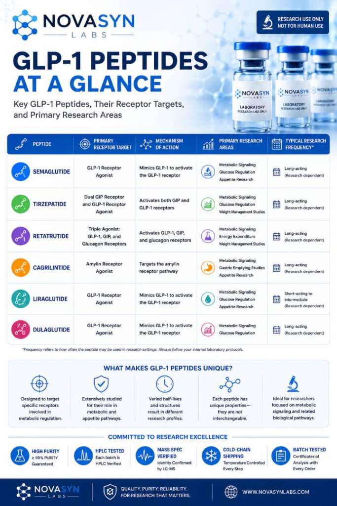 GLP-1 vs Other Peptides: Which Research Peptide Should You Choose? 3 GLP-1 peptides at a glance infographic comparing Semaglutide, Tirzepatide, Retatrutide, Cagrilintide, Liraglutide, and Dulaglutide by receptor targets, mechanisms of action, and primary laboratory research areas.