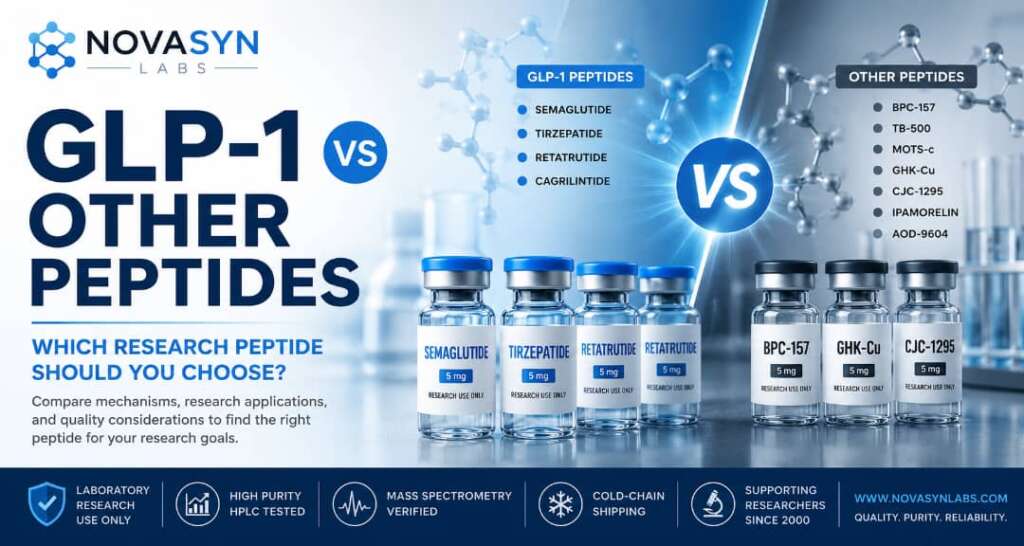 GLP-1 vs Other Peptides: Which Research Peptide Should You Choose? 2 Hero banner comparing GLP-1 peptides with other research peptides, including Semaglutide, Tirzepatide, Retatrutide, BPC-157, GHK-Cu, and CJC-1295 for laboratory research applications.