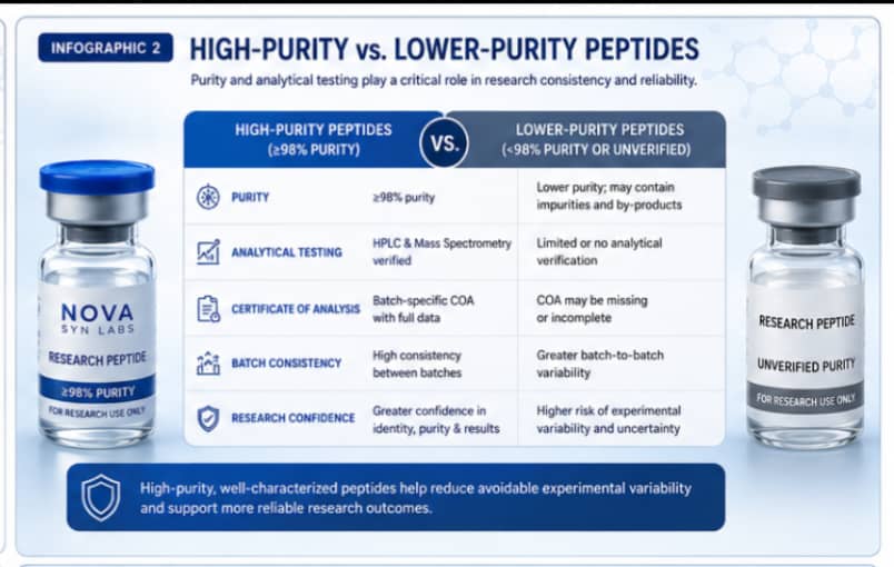 What Are The Side Effects of Using Peptides? 4 Comparison infographic showing differences between high-purity and lower-purity research peptides, including HPLC testing, mass spectrometry, COAs, and batch consistency.