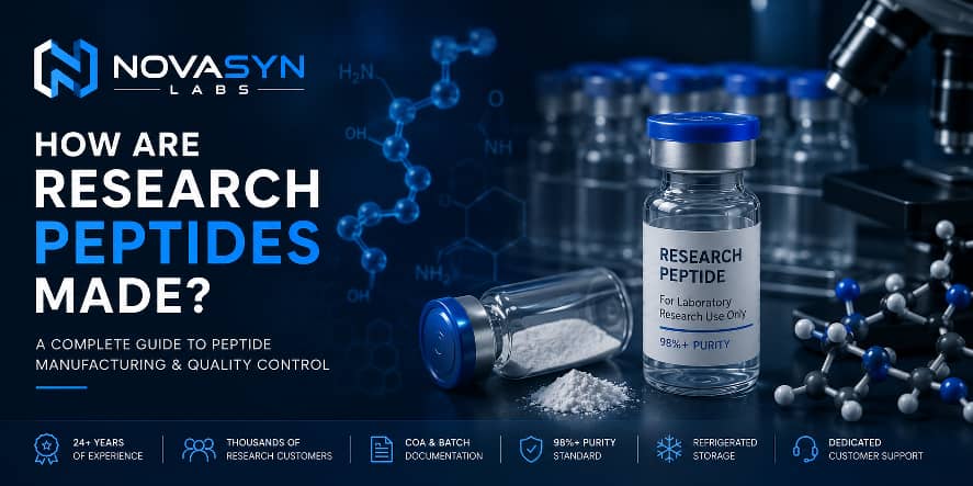 Hero banner illustrating how research peptides are made with peptide synthesis, purification, analytical testing, lyophilized peptide vials, and NovaSyn Labs branding.