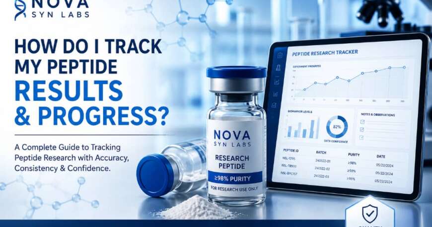 Research peptide vial with laboratory data dashboard, progress charts, and molecular structures illustrating peptide tracking, documentation, and research progress monitoring.