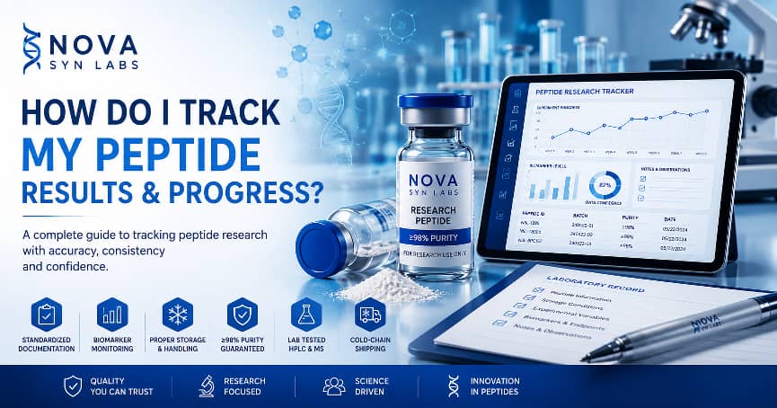 How Do I Track My Peptide Results and Progress? 2 Laboratory scientists reviewing peptide research data with charts, biomarkers, and peptide vials representing progress tracking and experimental documentation.