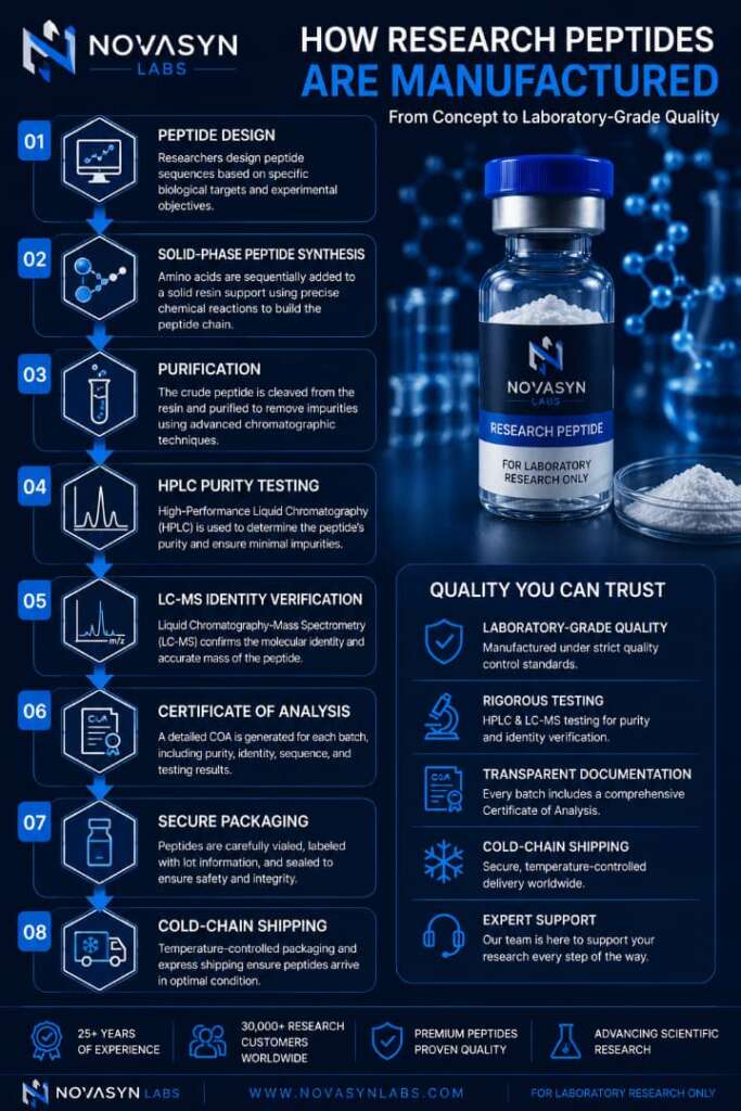 How research peptides are manufactured infographic showing peptide design, solid-phase peptide synthesis (SPPS), purification, HPLC purity testing, LC-MS identity verification, Certificate of Analysis (COA), secure packaging, and cold-chain shipping by NovaSyn Labs.