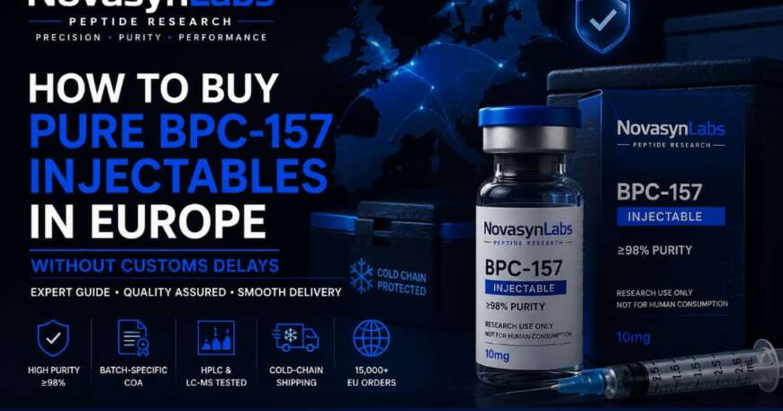 How to buy pure BPC-157 injectables in Europe without customs delays featuring NovasynLabs laboratory-grade BPC-157, European shipping, cold-chain packaging, and ≥98% purity.