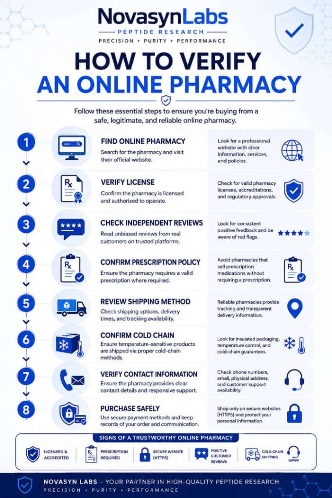 Mounjaro & Wegovy Online Pharmacy Europe: How to Buy Safely in 2026 4 How to Verify an Online Pharmacy infographic by NovaSyn Labs showing the essential steps to safely buy Mounjaro, Wegovy, and other GLP-1 medications online, including license verification, independent reviews, prescription policies, cold-chain shipping, and contact information.