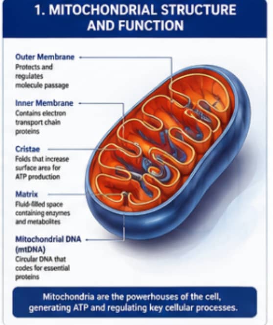 What Role Do Peptides Play in Mitochondrial Research? 3 Diagram of mitochondrial structure showing the outer membrane, inner membrane, cristae, matrix, and mitochondrial DNA.