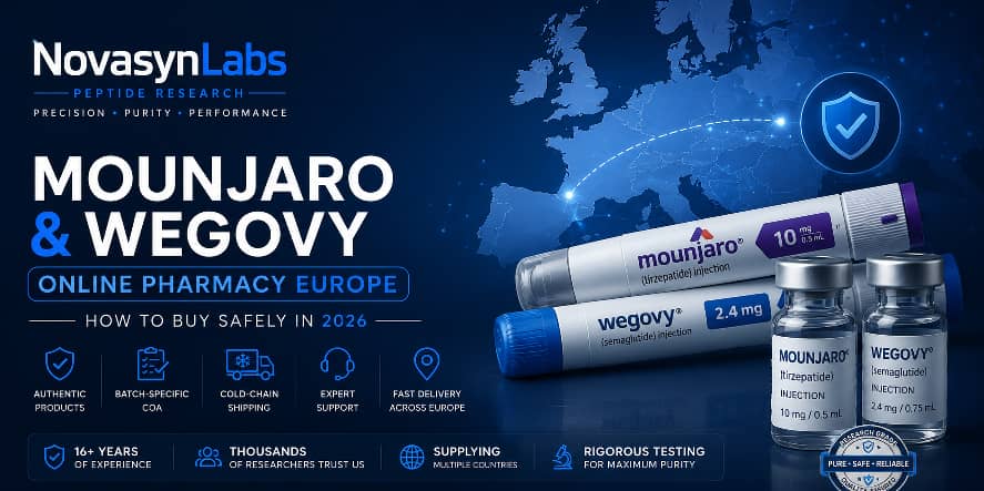 Mounjaro & Wegovy Online Pharmacy Europe: How to Buy Safely in 2026 2 Novasynlabs hero banner for Mounjaro & Wegovy Online pharmacy Europe featuring GLP-1 medications, Europe map, secure delivery, batch-specific testing, and cold-chain shipping.