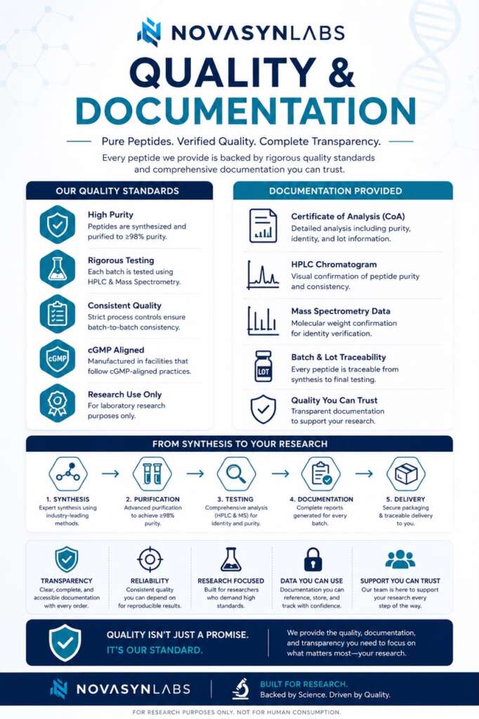 How Do I Track My Peptide Results and Progress? 6 NovaSynLabs Quality & Documentation infographic illustrating peptide quality assurance, Certificate of Analysis (COA), HPLC chromatograms, mass spectrometry testing, batch traceability, and standardized research documentation for peptide studies.