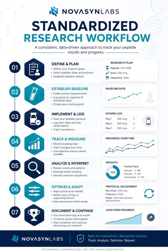 How Do I Track My Peptide Results and Progress? 5 Standardized peptide research workflow infographic showing how to define research goals, establish baseline measurements, log peptides protocols, track progress, analyze results, optimize research methods, and document long-term peptide study outcomes.