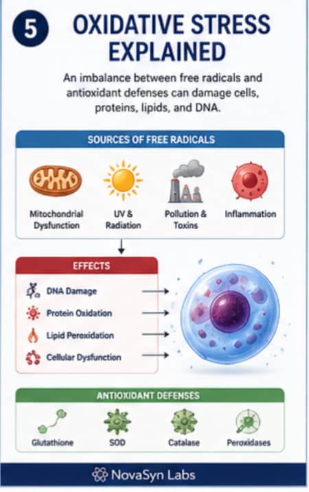 How Do Peptides Influence Cellular Aging Pathways? | Complete Guide (2026) 7 Infographic explaining how oxidative stress develops, its effects on DNA and proteins, and the role of antioxidant defense systems.