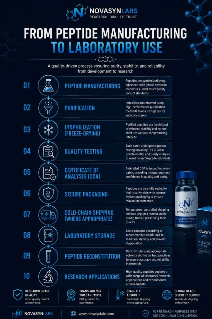 Infographic illustrating the peptide manufacturing process from synthesis and lyophilization to quality testing, Certificate of Analysis, storage, peptide reconstitution, and laboratory research.