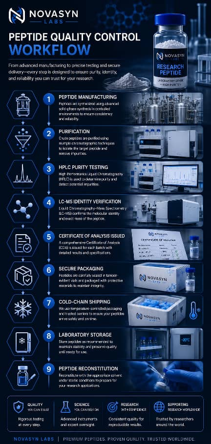 Infographic showing the peptide quality control workflow from manufacturing and purification through HPLC testing, LC-MS verification, Certificate of Analysis issuance, packaging, shipping, storage, and peptide reconstitution.