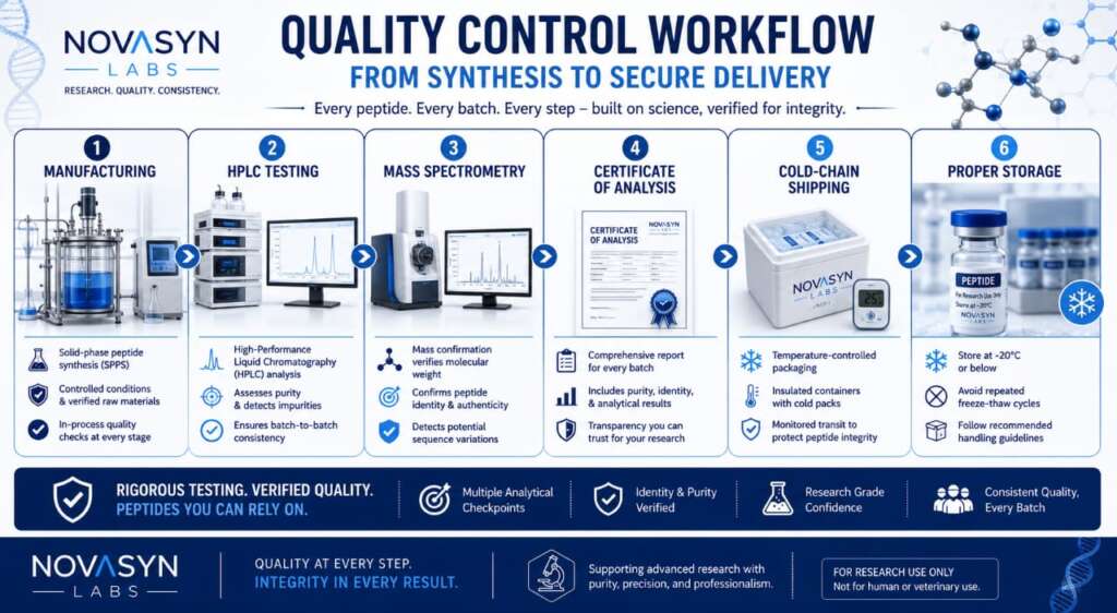 GLP-1 vs Other Peptides: Which Research Peptide Should You Choose? 7 Peptide quality control workflow infographic illustrating the manufacturing process, HPLC testing, mass spectrometry analysis, certificate of analysis, cold-chain shipping, and proper storage to support research-grade peptide quality.