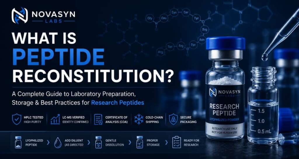 Hero banner for the peptide reconstitution guide featuring NovaSyn Labs branding, lyophilized peptide vial, laboratory equipment, peptide preparation workflow, and biotechnology research graphics.