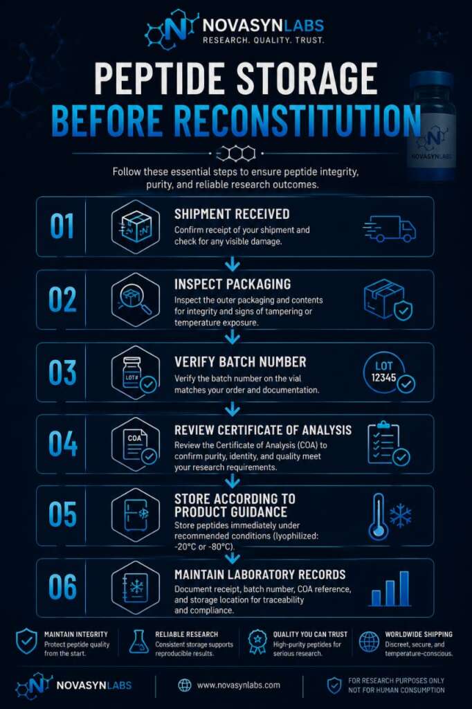 Infographic illustrating recommended storage practices before peptide reconstitution, including shipment inspection, Certificate of Analysis review, proper storage, and laboratory documentation.
