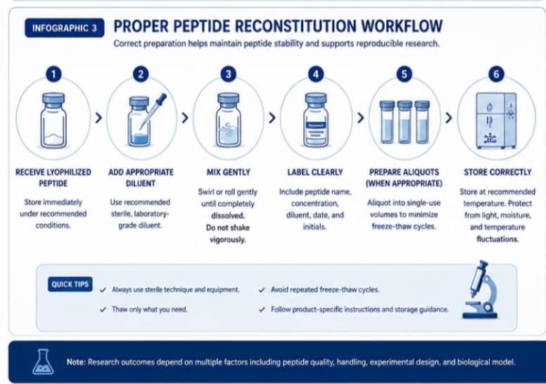 What Are The Side Effects of Using Peptides? 5 Flowchart illustrating the recommended workflow for reconstituting lyophilized peptides, including dilution, gentle mixing, labeling, storage, and laboratory use.