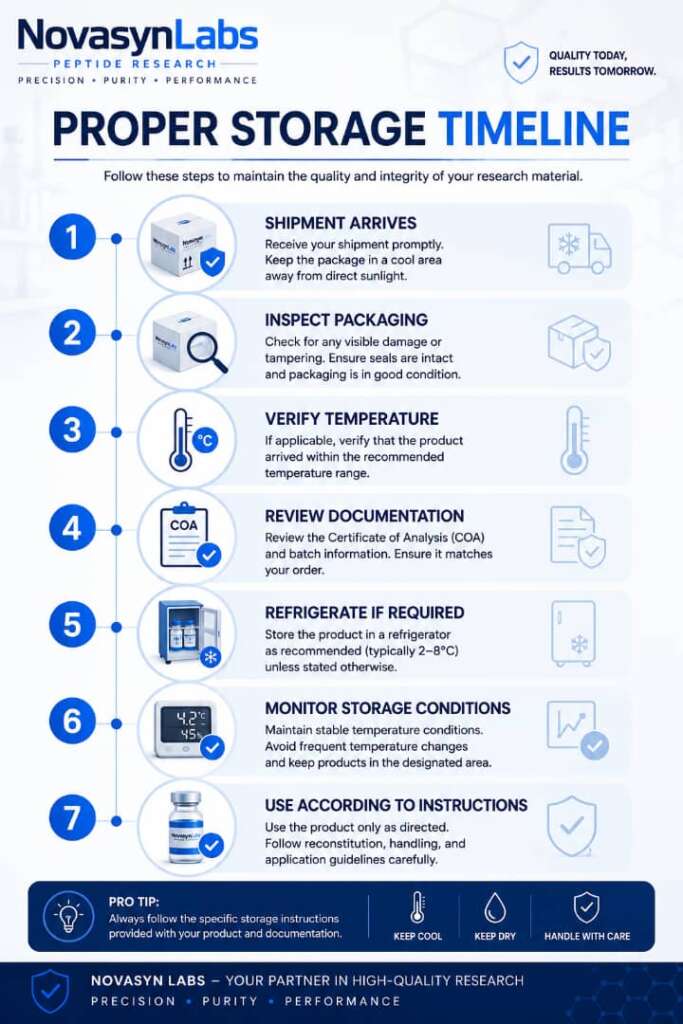 Mounjaro & Wegovy Online Pharmacy Europe: How to Buy Safely in 2026 6 Proper Storage Timeline infographic by NovaSyn Labs illustrating shipment arrival, packaging inspection, temperature verification, documentation review, refrigeration, storage monitoring, and correct handling of temperature-sensitive GLP-1 medications.