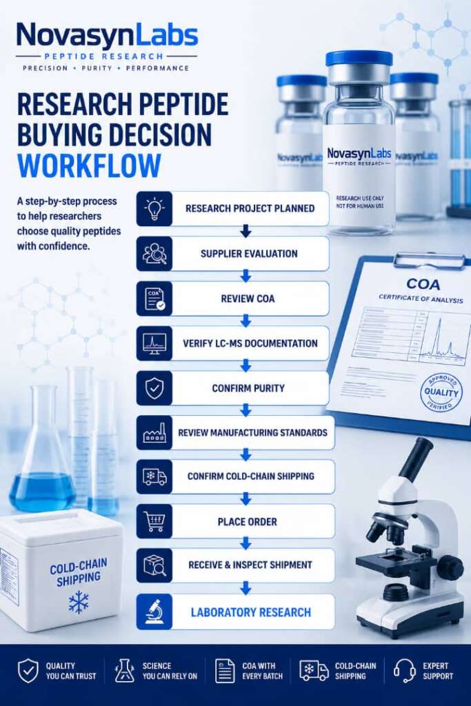 Research peptide buying decision workflow showing supplier evaluation, COA review, LC-MS verification, purity confirmation, cold-chain shipping, shipment inspection, and laboratory research.
