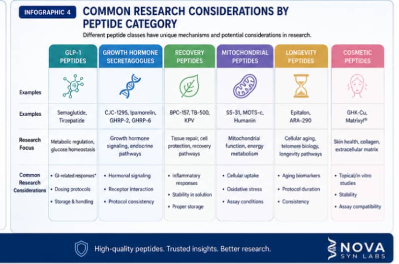 What Are The Side Effects of Using Peptides? 6 Infographic comparing GLP-1 peptides, growth hormone secretagogues, recovery peptides, mitochondrial peptides, longevity peptides, and cosmetic peptides with their primary research applications.