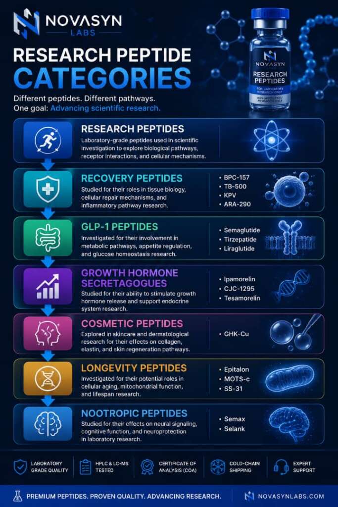 Research peptide categories infographic showing recovery peptides, GLP-1 peptides, growth hormone secretagogues, cosmetic peptides, longevity peptides, and nootropic peptides with laboratory-grade quality assurance by NovaSyn Labs.