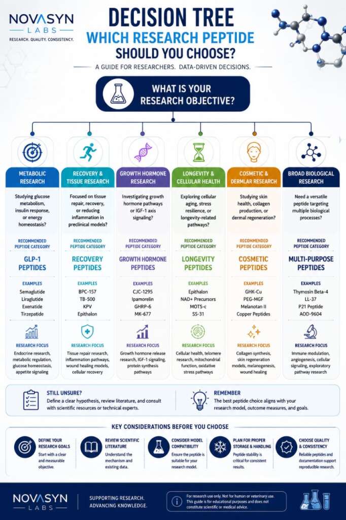 GLP-1 vs Other Peptides: Which Research Peptide Should You Choose? 5 Research peptide decision tree infographic showing how to choose a peptide category based on research objectives, including GLP-1, recovery, growth hormone, longevity, cosmetic, and metabolic peptide research.